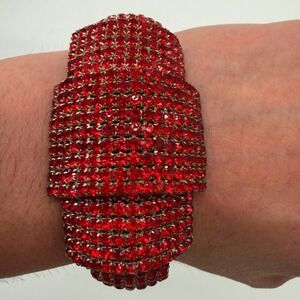 Vintage Red Rhinestone Wide Panel Bracelet Silver Tone Chunky Glam Bling